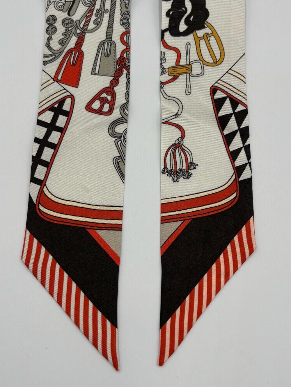 Hermes Bouquets Selliers Twilly Silk Scarf White Black Caramel Equestrian Print - Picture 3 of 5